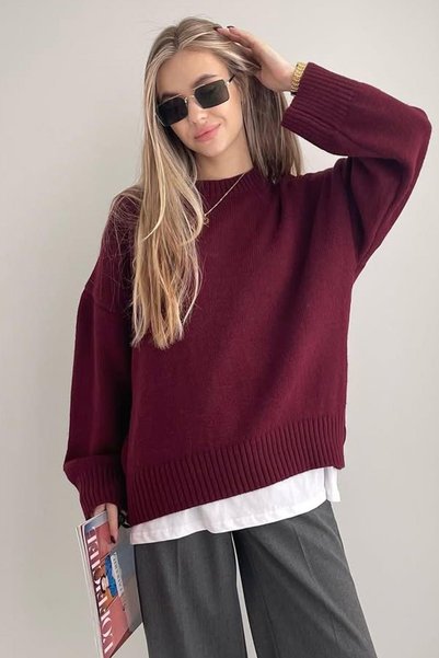 Burgundy Crew Neck Soft Textured Oversized Knitwear Sweater