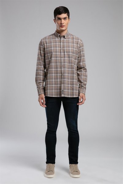 Lorse Men's Woven Long Sleeve Shirt Beige Plaid