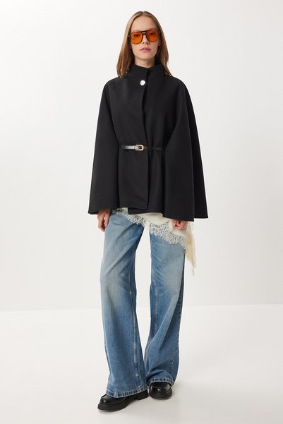 Belted Buttoned Cashmere Poncho Lnt0013 Black