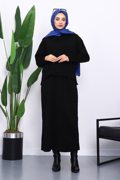 Black Shirt Collar Knitwear Skirt Set