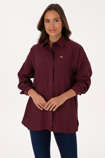 Women's Burgundy Long Sleeve Oversized Patterned Shirt 50316422-Vr177