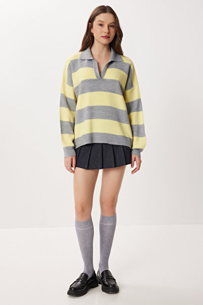 Oversize плетен џемпер на риги LMC0076 СИВО ЖОЛТ
