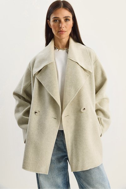 Women's Beige Wide Collar Pocket Detailed Oversize Cashmere Coat 38183 60283785