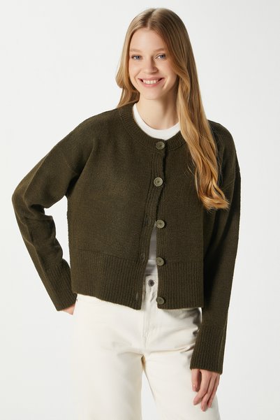 Women's Keep Yan Slit Soft Textured Khaki Basic Knitwear Cardigan 70145