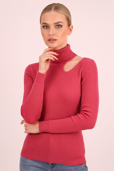 Women's Fuchsia Turtleneck One Shoulder Low-Cut Knitwear Sweater Arm-26K136067