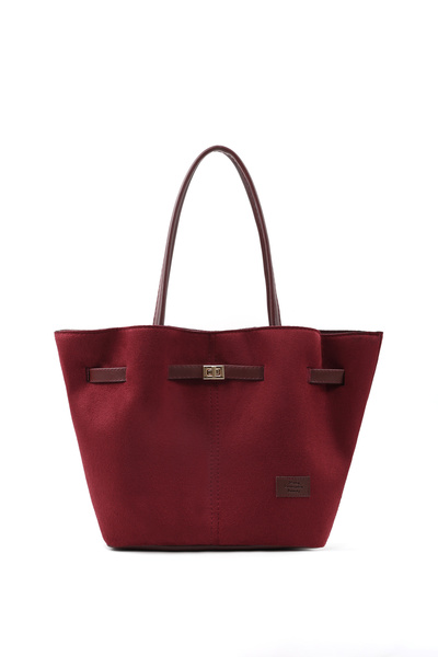 Burgundy Suede Shk159 Suede Fabric, Lined, Snap Fasteners, Lock Detail Handbag, Shoulder Bag