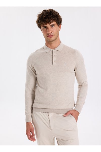 Polo Neck Basic Plain Beige Melange Men's Sweater F5Wm-Kzk 2553