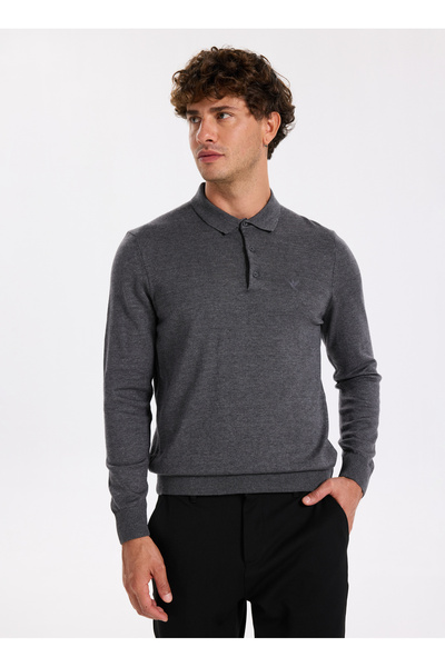 Polo Neck Basic Plain Gray Melange Men's Sweater F5Wm-Kzk 2553