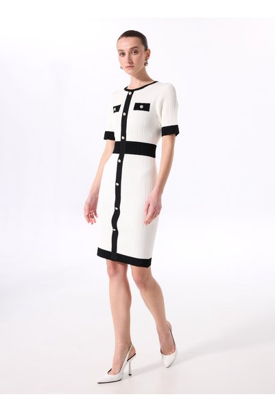 Crew Neck Plain Knit Patterned White - Black Short Women's Dress F5Sl-Elb0225