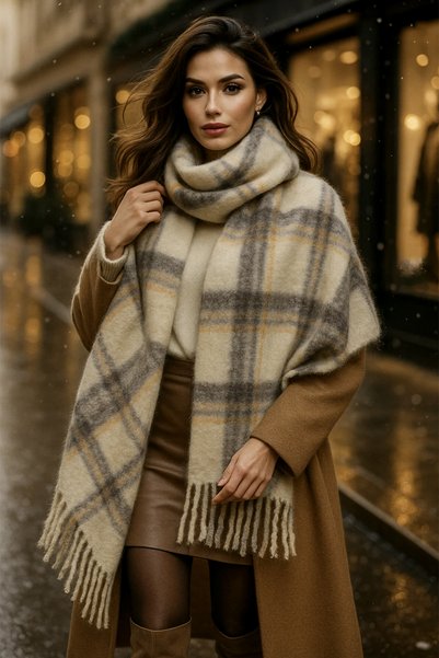 Plaid Patterned Scarf Shoulder Shawl 45X200 cm 1297 Beige