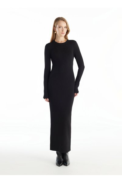Crew Neck Plain Black Long Women's Dress TBWRKW1049