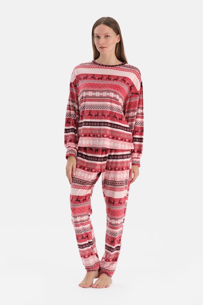 Red Printed Velvet T-Shirt Pants Pajama Set