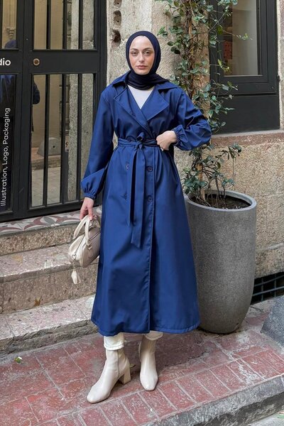 Trench Coat with Elastic Sleeves Navy Blue