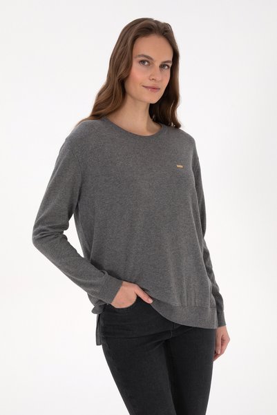 Women's Gray Melange Crew Neck Basic Sweater 50313579-Vr086