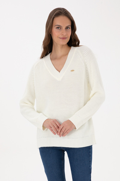 Women's Cream V-Neck Sweater 50314934-Vr256