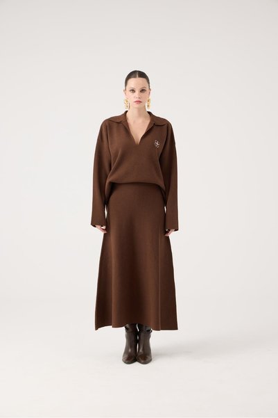 Elastic Waist Long Zoi Knit Skirt Brown