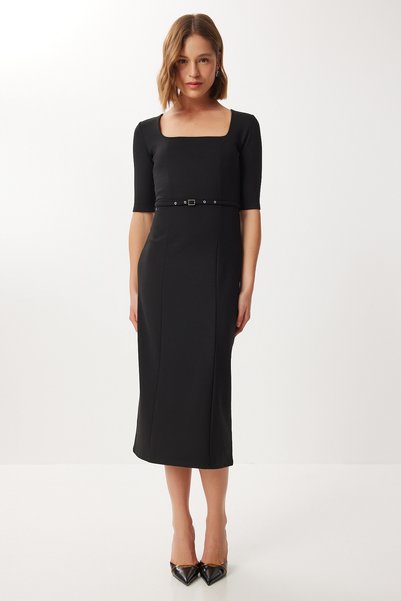 Belted Slit Fleece-Lined Knitted Dress Lub0324 Black