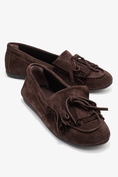 Axeli Brown Suede Genuine Leather Bow Fringed Women's Loafer Shoes