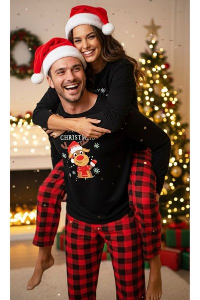 MEN'S black red plaid merry christmas printed Christmas Themed Knitted Pajama Set 7969