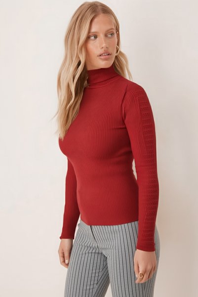 Women's Pomegranate Blossom Turtleneck Sleeve Stripe Soft Textured Blouse Arm-26K001043