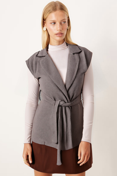 Women's Mink Men's Collar Waist Belted Linen Look Vest Arm-26K001055