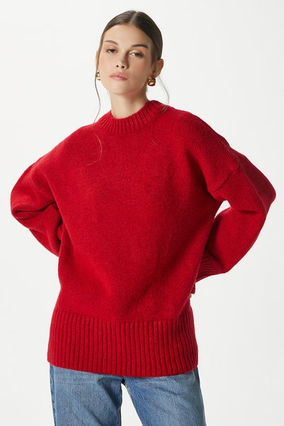 Women's Homy Soft Crew Neck Red Striped Oversized Knitwear Sweater