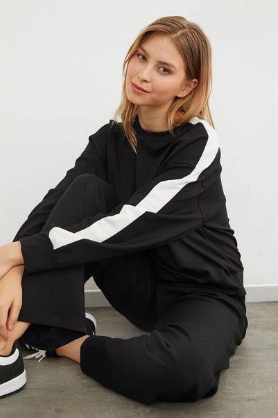 Crew Neck Modal Sweatshirt with Stripe on the Sleeve