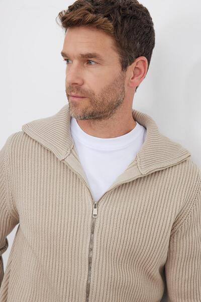 Men's Slim Fit Mock Neck Zippered Mink Plain Cardigan