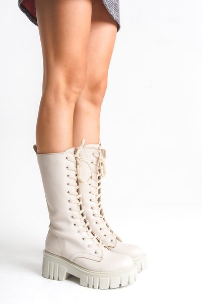 Tuilinnel Women's Above Knee Boots 00121402 Beige Leather