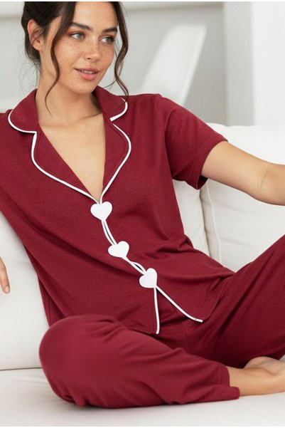Burgundy Heart Piping Detailed Knitted Pajama Set7891