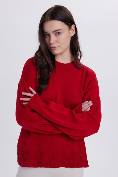 Women's Oversized Wide Cut Crew Neck Red Sweater
