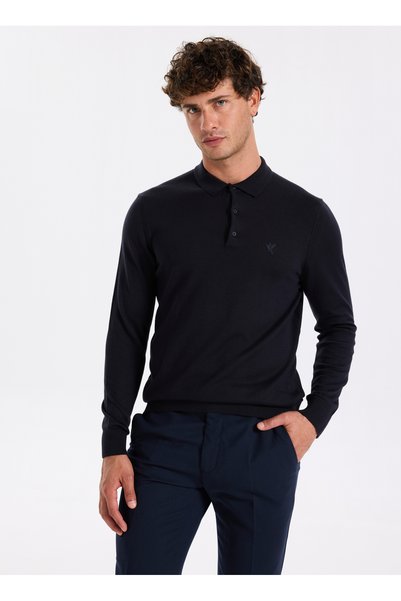 Polo Neck Basic Plain Navy Blue Men's Sweater F5Wm-Kzk 2553