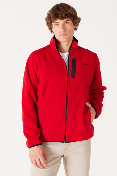 Regular Fit Plain Red Men's Zippered Fleece Sweatshirt W212981600_Full Zip