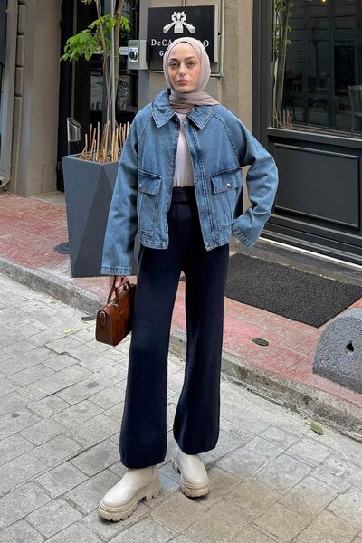 Snap Fastener Denim Jacket Jeans Blue