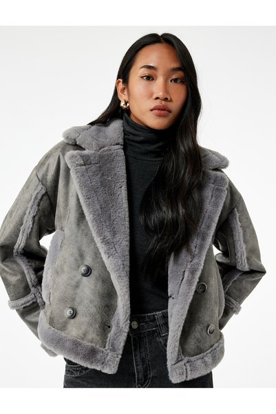 Long Sleeve Pocketed Faux Fur Inside K Double-Breasted Suede Look Jacket