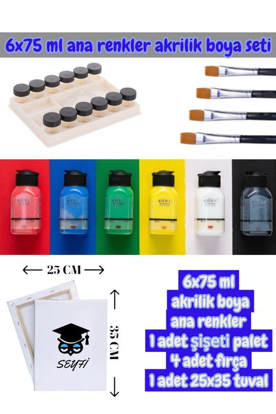 6X75 ml Acrylic Paint Primary Colors 1 Bottle Per Color Palette 4 Brushes 1 Piece of 25X35 Canvas