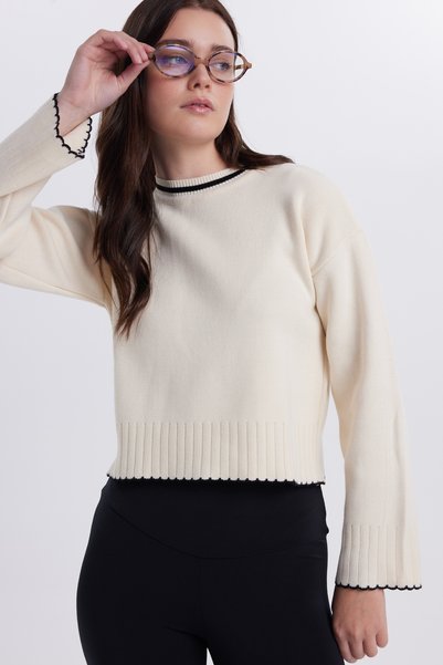 Women's Oversize Wide Cut Crew Neck Striped White Sweater