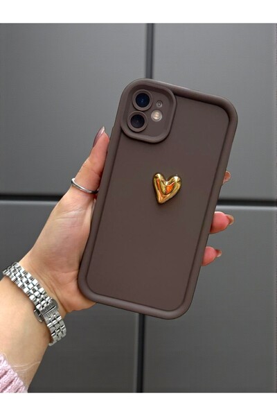 iPhone 12 Compatible Case 3D Gold Heart Shock Resistant Soft Camera Protection Cover Coffee