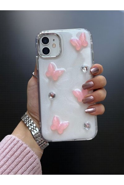 iPhone 12/12Pro Compatible Pink Butterfly Pattern Transparent Case Glitter Shockproof Cover