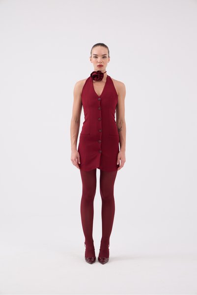 Halter Neck Buttoned Mini Becca Dress with Rose Accessories Burgundy