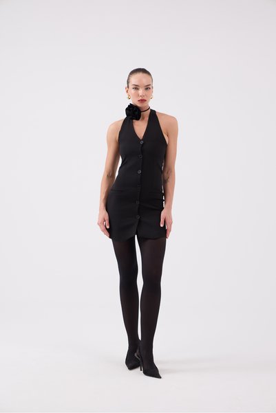 Halter Neck Buttoned Mini Becca Dress with Rose Accessories Black