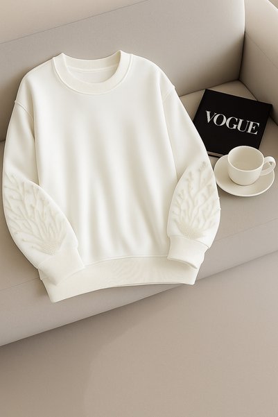 White 100% Cotton Sweatshirt with Bead and Stone Embroidery on the Sleeves