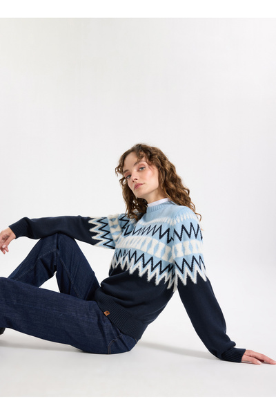 Crew Neck Relaxed Jacquard Ecru - Navy Blue Sweater Women J5Wl-Kzk7050