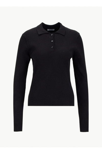 Polo Neck Basic Plain Black Sweater Women M5Wl-Kzk1078