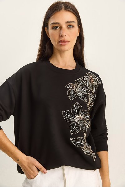 Women's Black Crew Neck Floral Bead Embroidered Relaxed Sweatshirt 1572 60283809