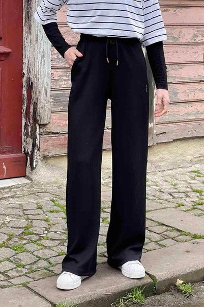 Modal Fabric Wide Leg Sweatpants Black