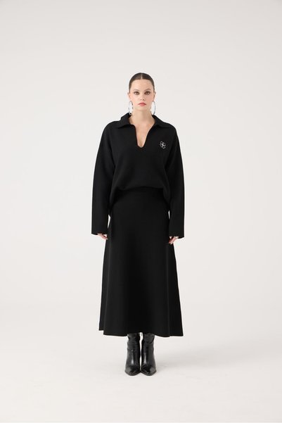 Elastic Waist Long Zoi Knit Skirt Black