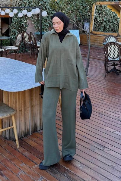 Collar Detail Double Hijab Set Khaki