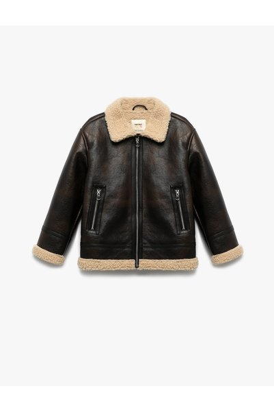 Long Sleeve Biker Faux Leather Jacket with Plush Lining Inside and Zipper Closure