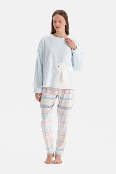 Light Blue Rabbit Printed T-Shirt Pants Pajama Set